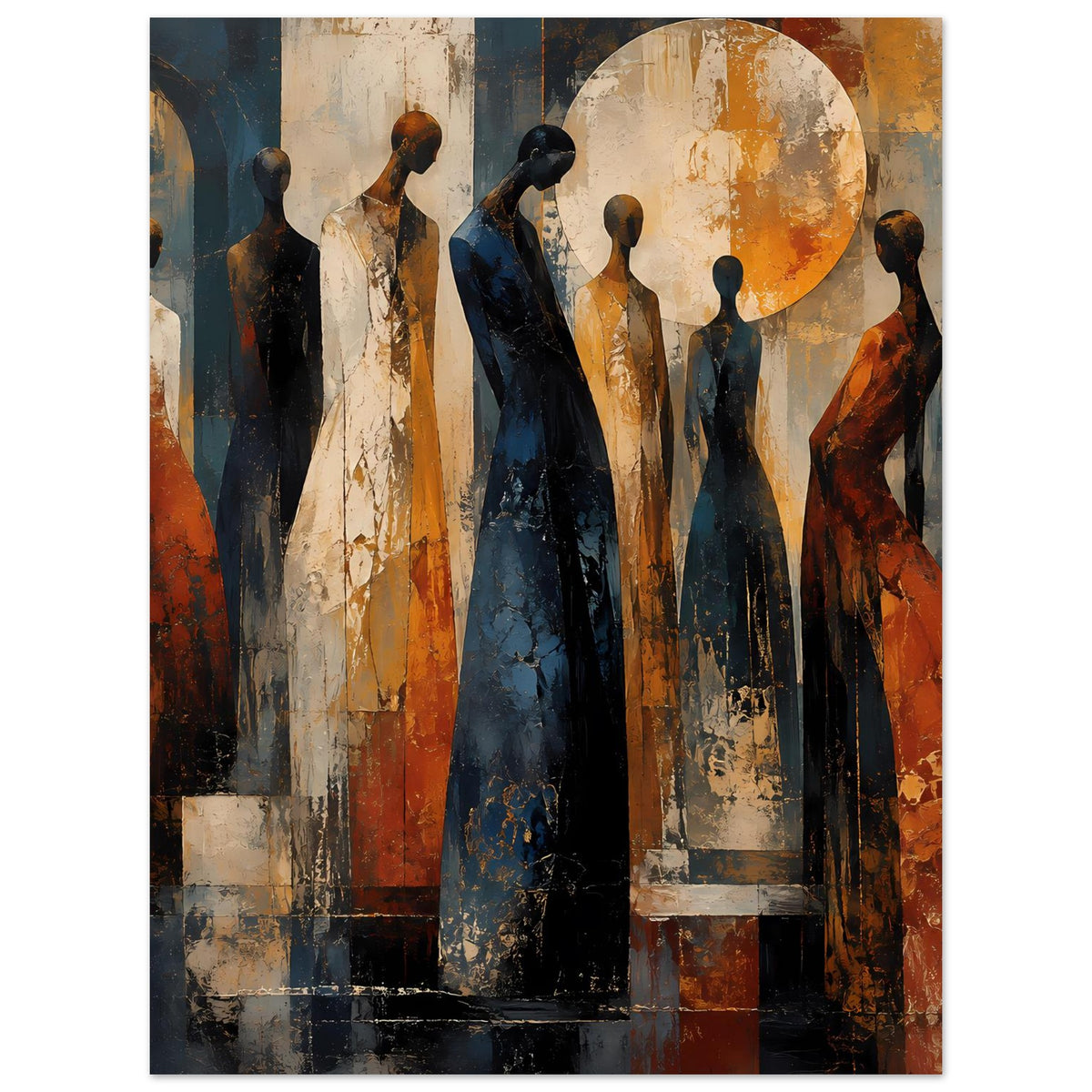 Poster mit abstrakten stehenden Figuren, warmes Orange und Dunkelblau, großflächiger Kreis