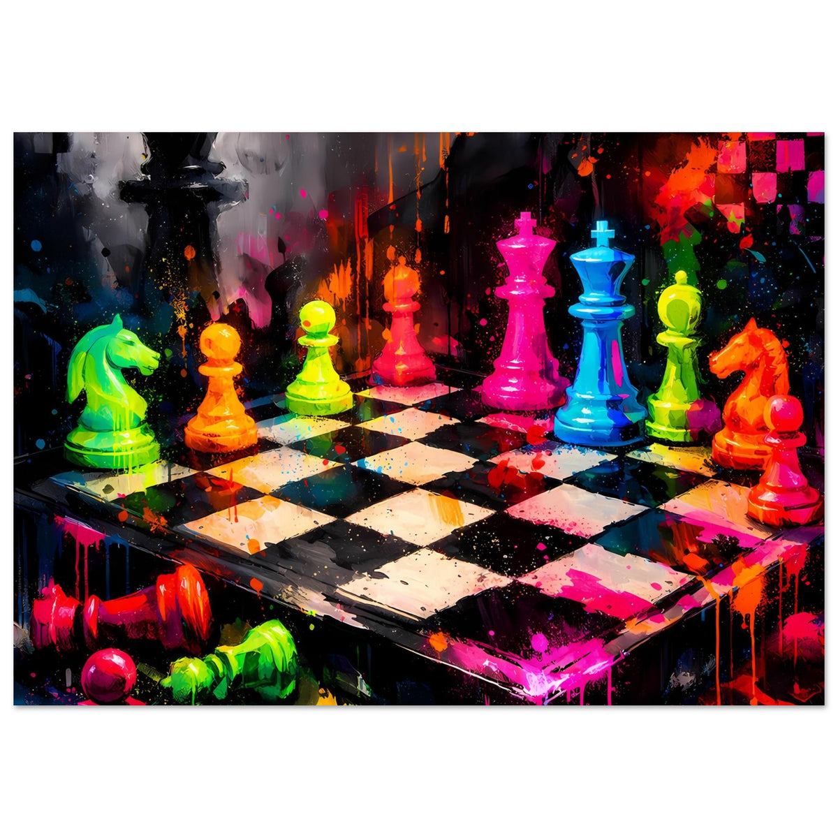 Poster mit abstraktem Neon-Schachbrett: farbige Figuren, kontrastreiche Sprenkel und Flecken.