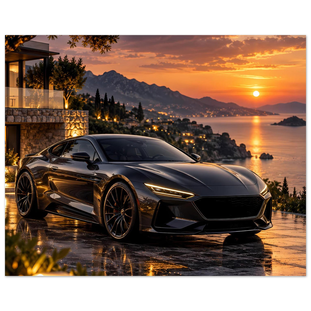 Querformat-Poster: dunkler Sportwagen vor Küste bei Sonnenuntergang, warme Lichtstimmung