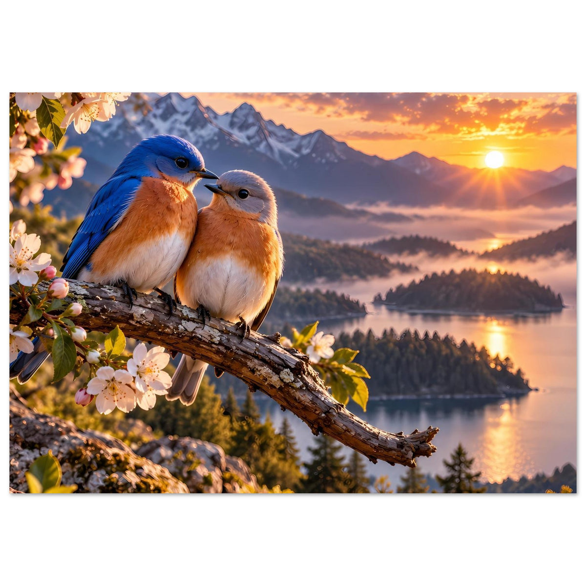 Breiter Posteraufdruck: zwei Vögel auf Ast, Sonnenuntergang, See, Berge und Blütenrand
