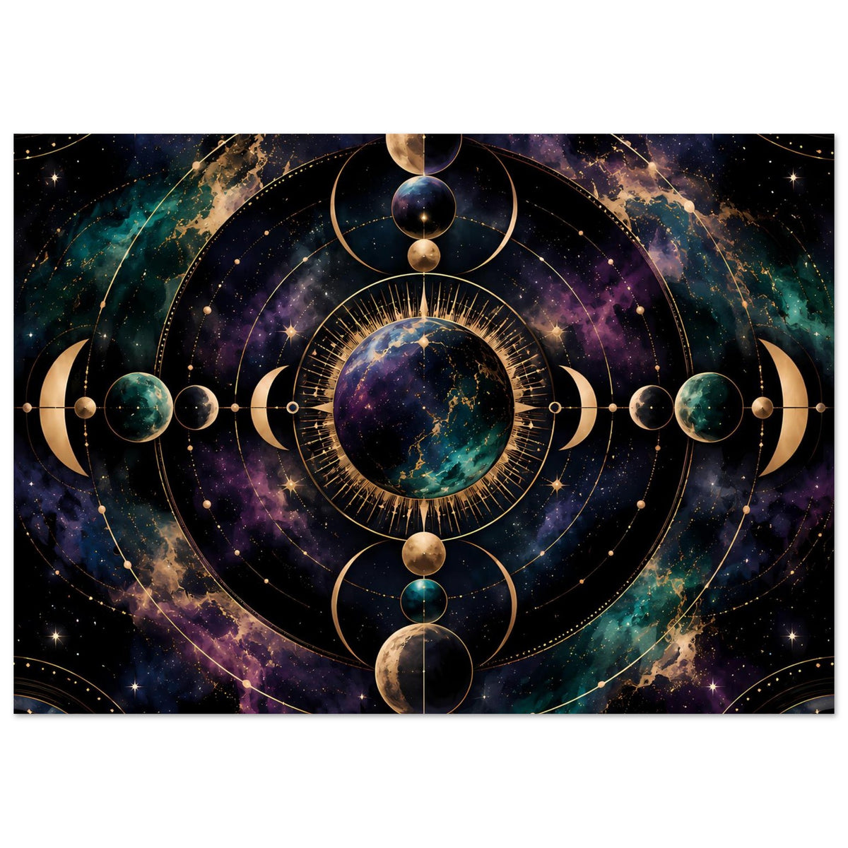 Poster mit kosmischem Mondphasen-Motiv, zentriertem Planetenring und goldenen Symbolen