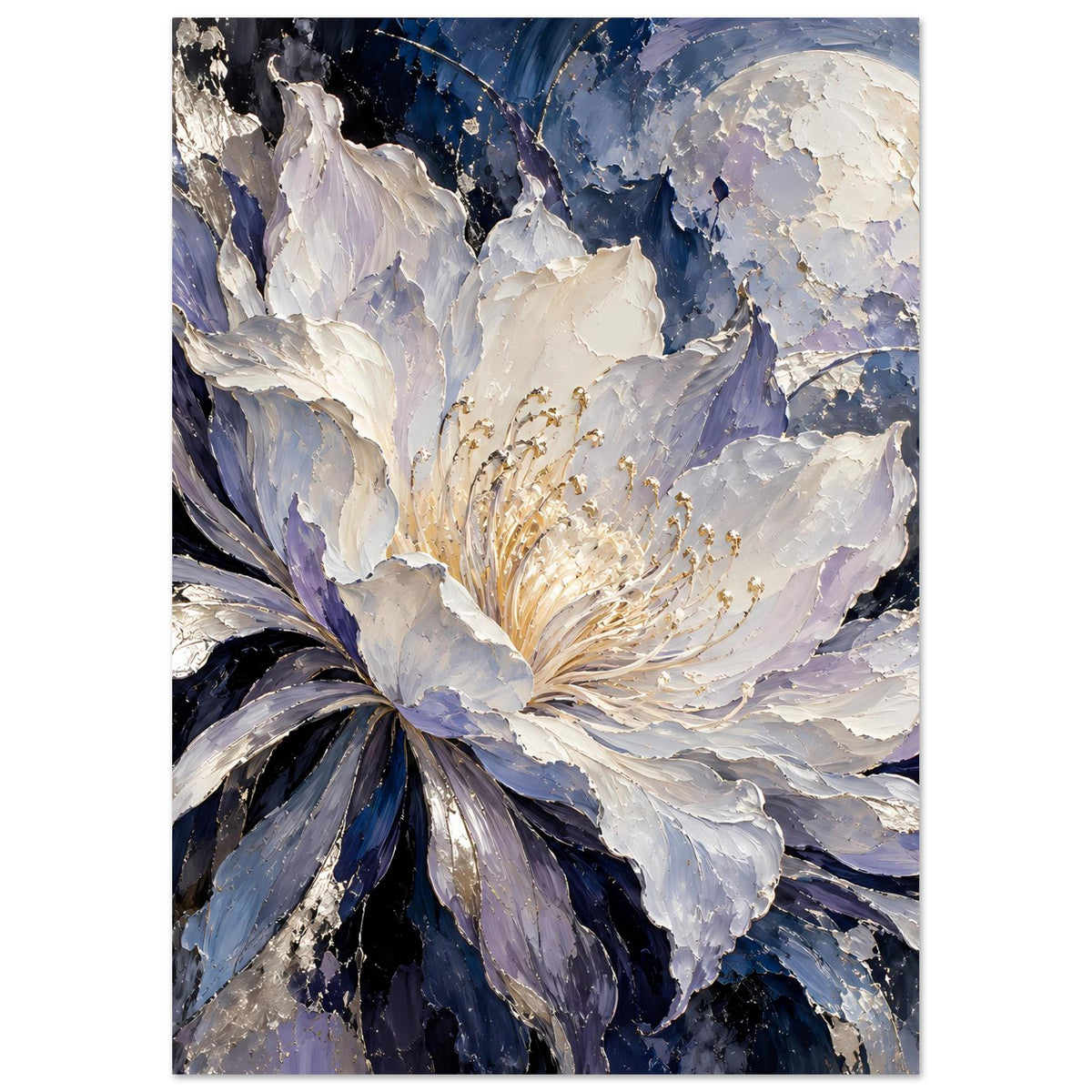 Hochformat-Poster mit abstrakter Blüte in Blau, Violett und Weiß, goldene Staubfäden