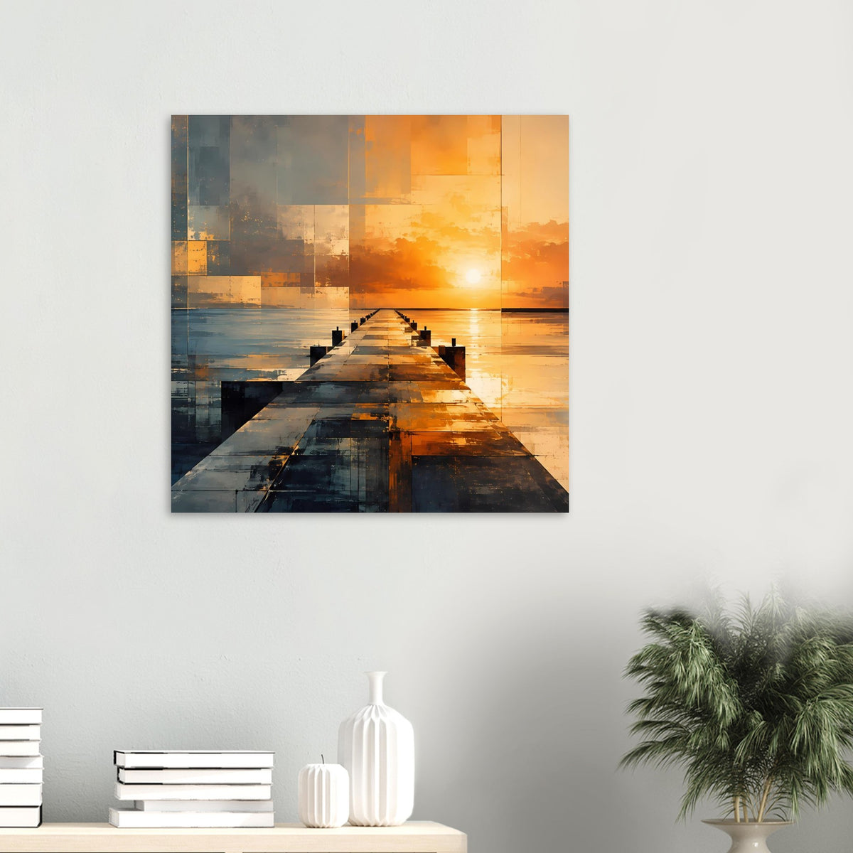 Wandposter mit abstraktem Pier bei Sonnenuntergang, geometrisches Seascape, rechteckig
