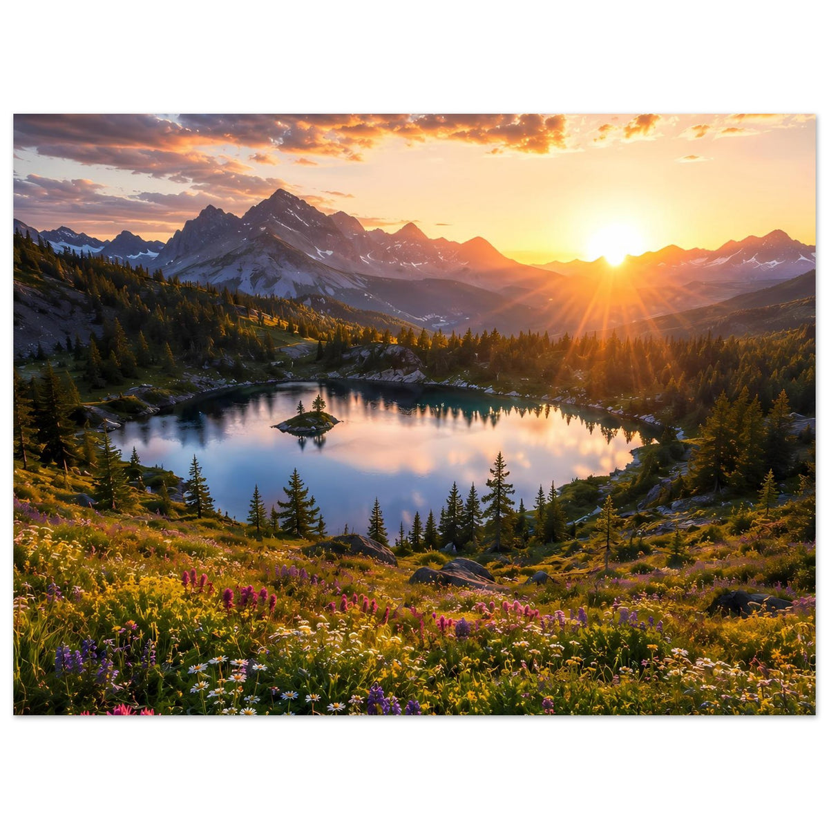 Horizontales Poster mit Bergsee, Sonnenuntergang, Bergen im Hintergrund und bunten Blumen