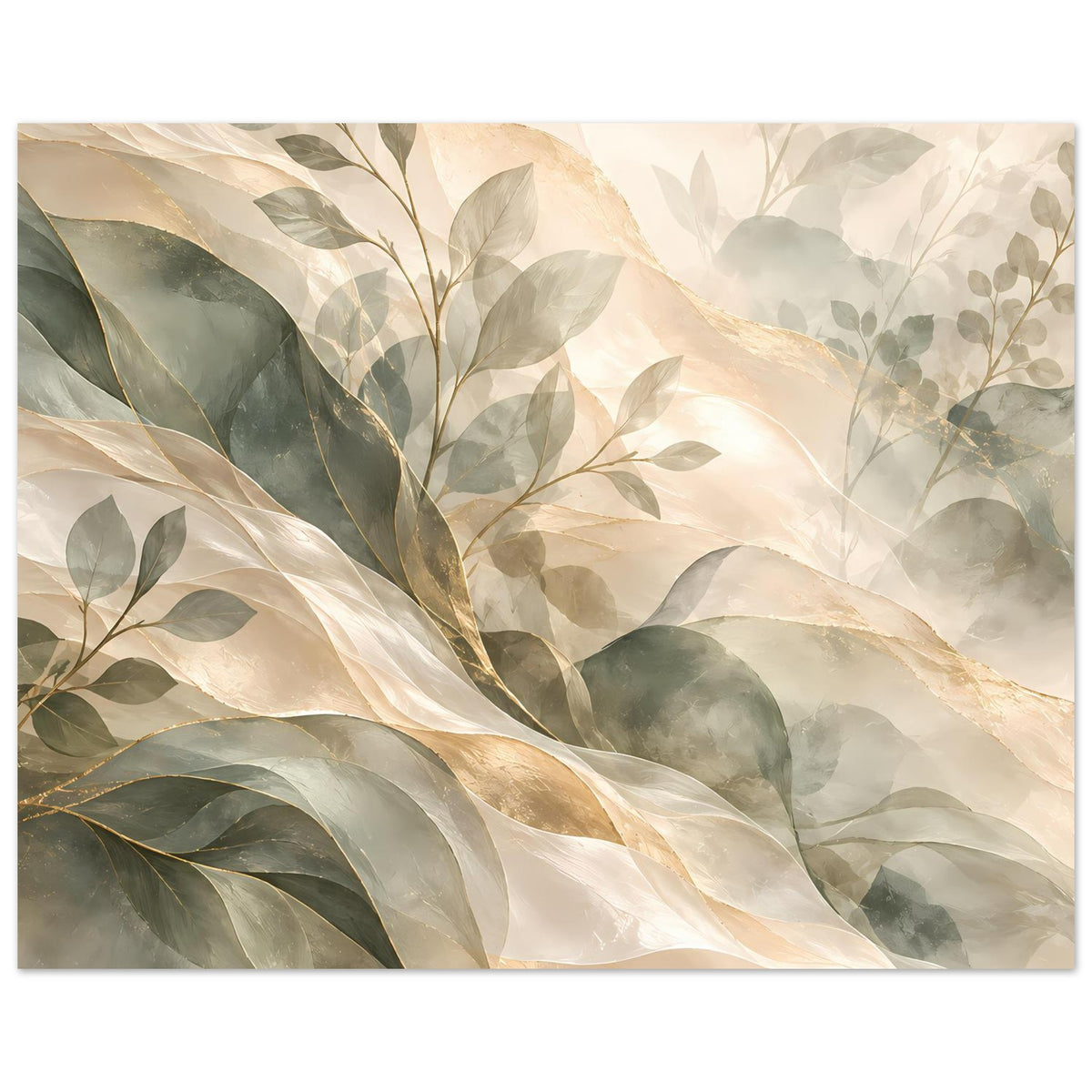 Botanisches Kunstposter, horizontales Motiv mit Blättern in Salbeigrün, Creme und Gold