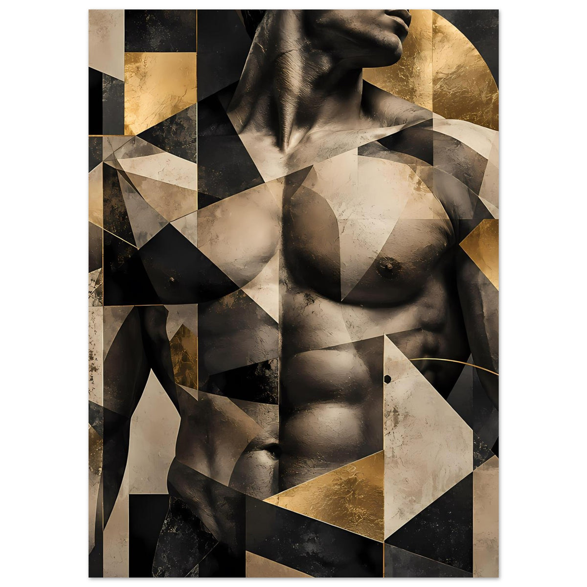 Abstraktes Aktkunst-Poster mit weiblicher Silhouette und diagonalen Geometrieflächen in Gold und Beige