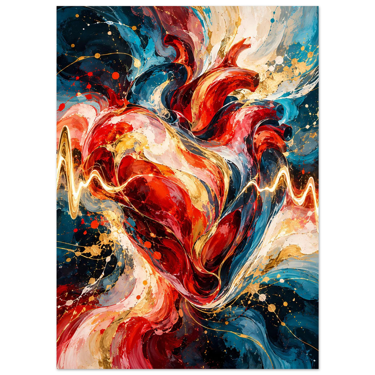 Poster: abstraktes Herzmotiv mit EKG-Wellenlinie, rot-blau-gold, farbige Spritzer und Schwünge