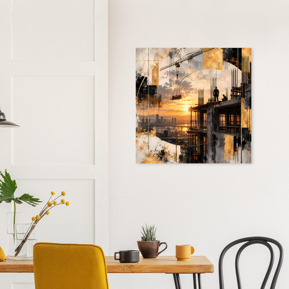 Abstraktes Poster mit Sonnenuntergang und Architekturdetails, orange und schwarz