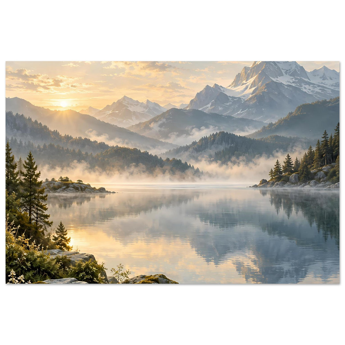 Landschaftsposter: spiegelglatter Bergsee mit Nebel, Bergkette und Sonnenaufgangshimmel
