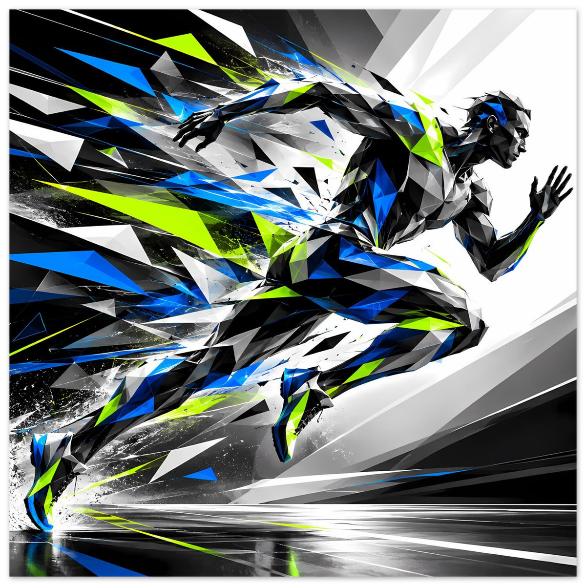 Poster mit laufender Figur: schwarz-blaues Facettenmuster, Neon-Grün und Silberstreifen