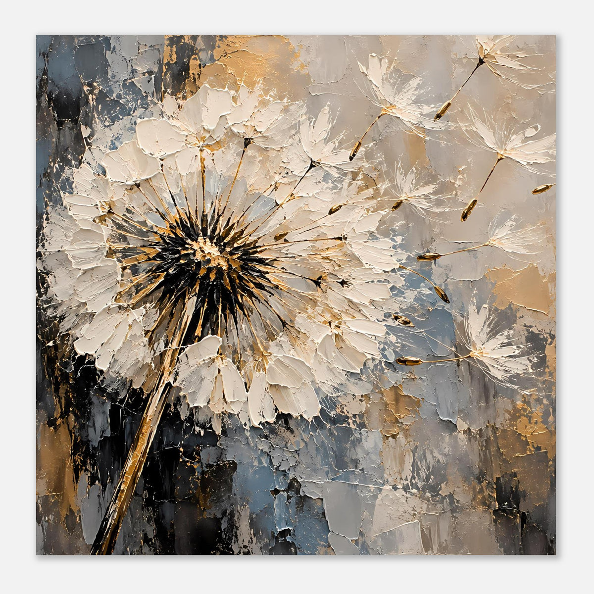 Deko-Poster mit Pusteblume, abstrakte Texturflächen in Blau, Creme und Gold