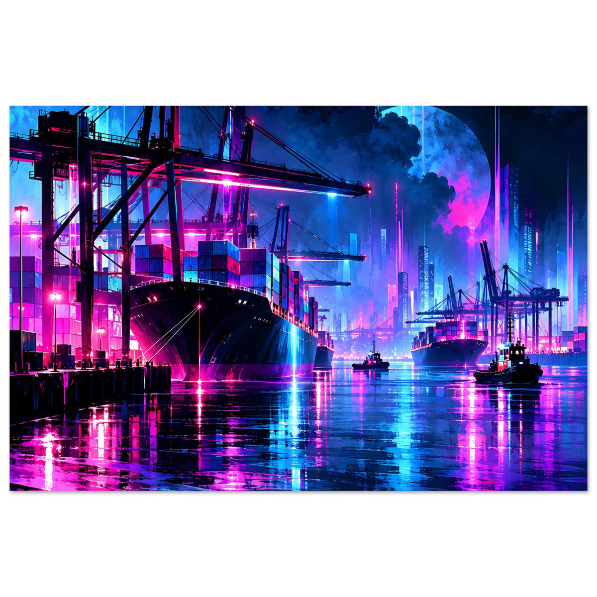 Neon-Hafen-Nachtposter, quer: Hafenkräne und Brücke mit farbiger Beleuchtung, reflektierendes Wasser