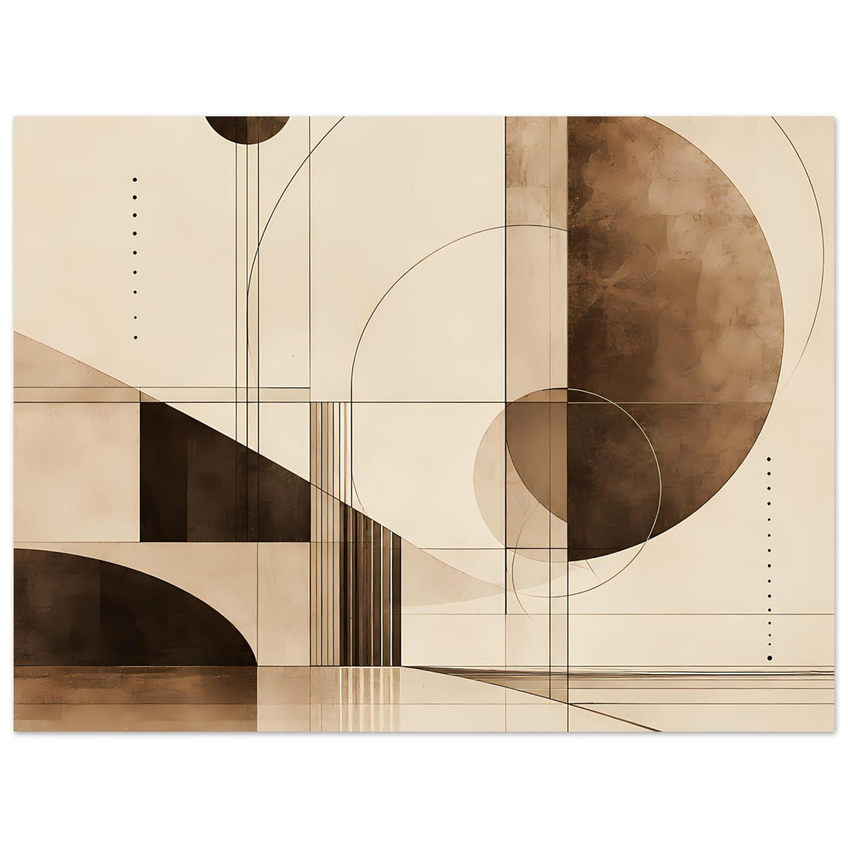 Geometrischer Kunstdruck, quer zugeschnitten: Kreis rechts, Linienraster und Balken.