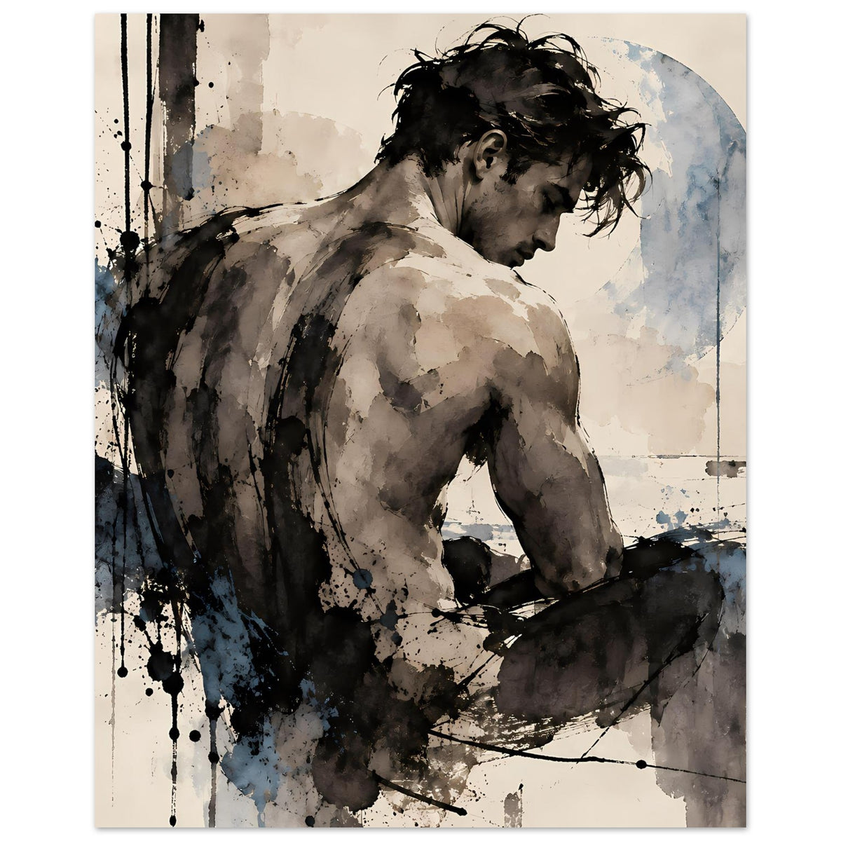 Kunstdruck Rückenansicht eines nackten Mannes, seitlich geneigt, sepia und blau, abstrakt