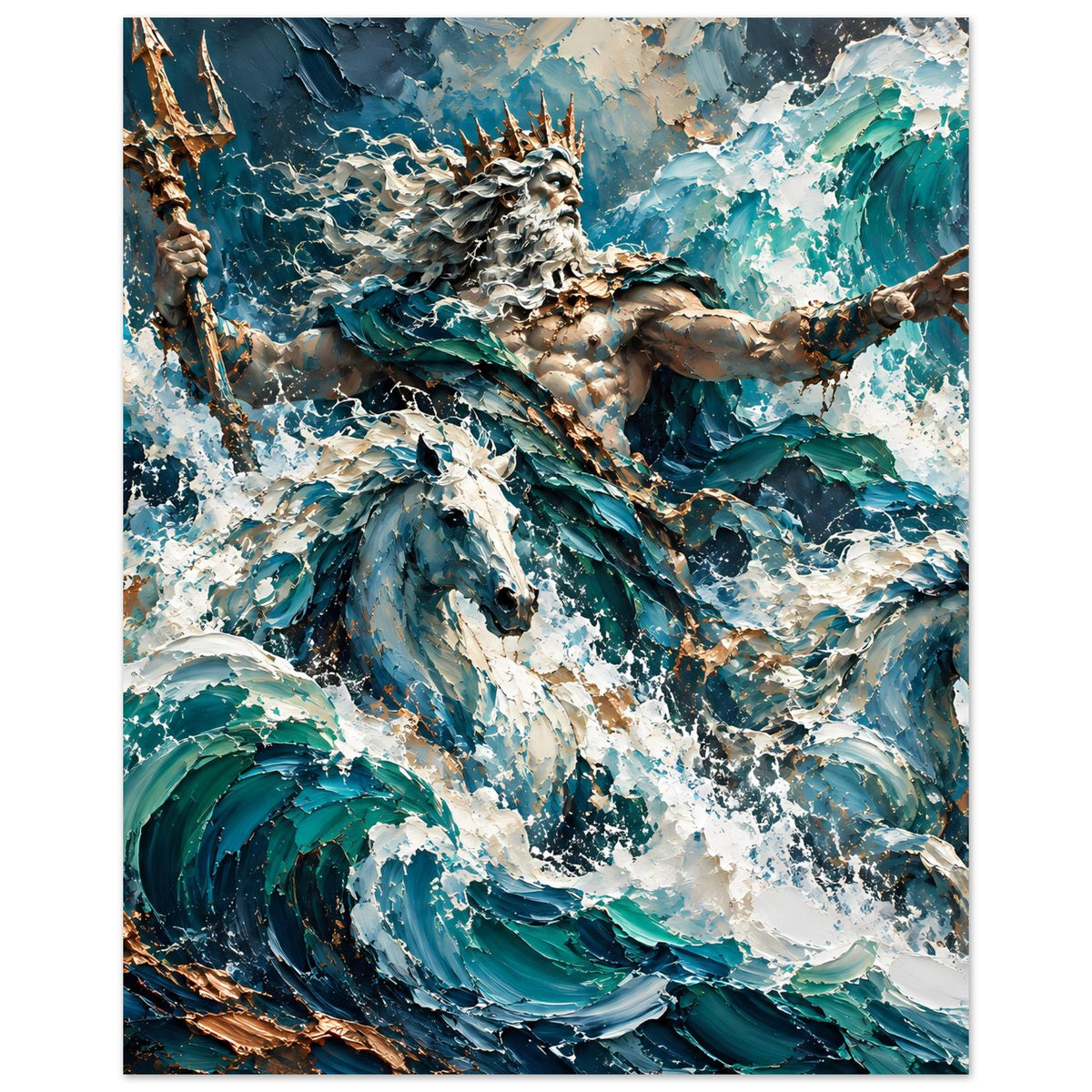 Poster mit Neptun: muskulöse Figur mit Krone und Dreizack, von blauen Wellen getragen