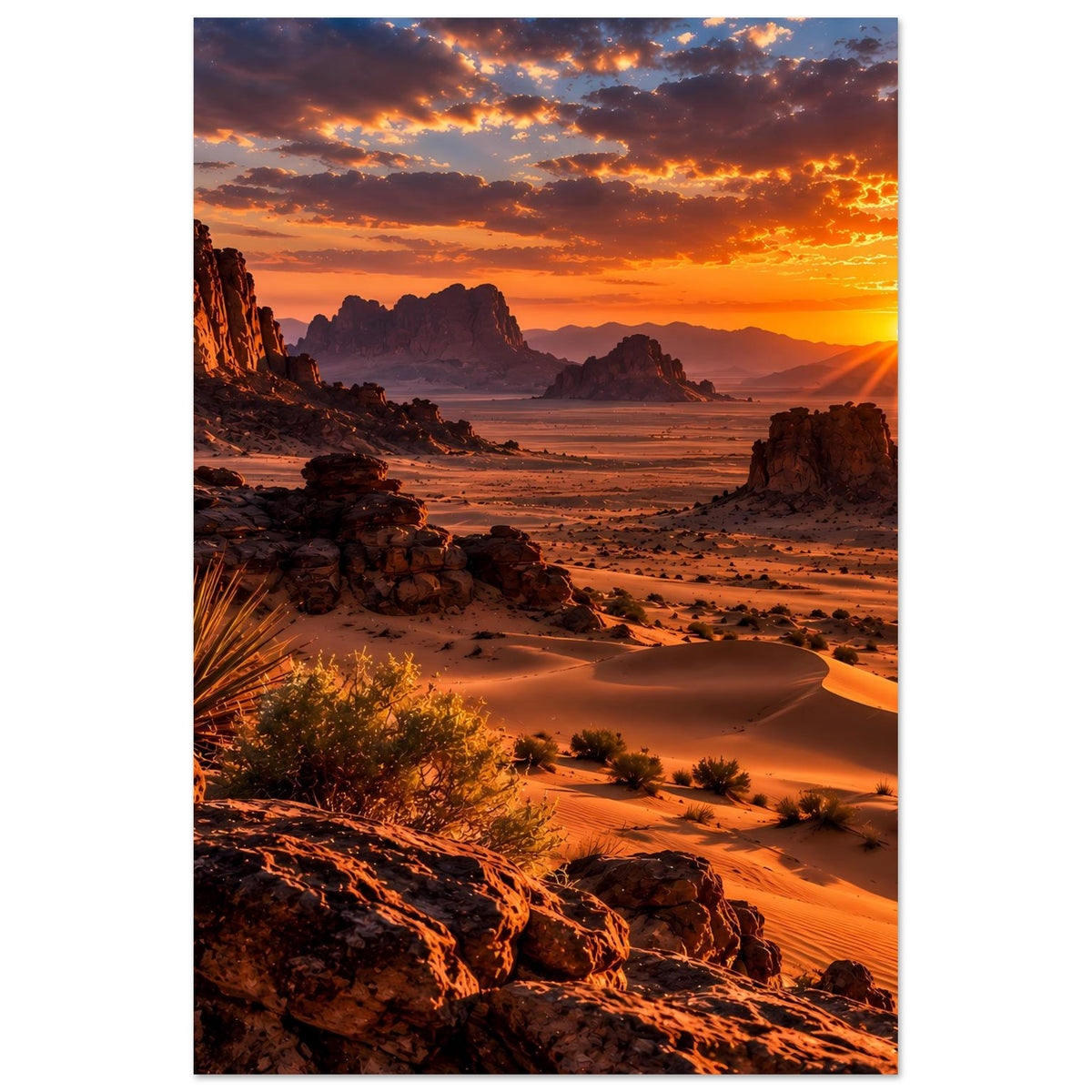 Vertikales Poster mit Wüstenlandschaft bei Sonnenuntergang: Sanddünen, Felsen und goldene Sonne