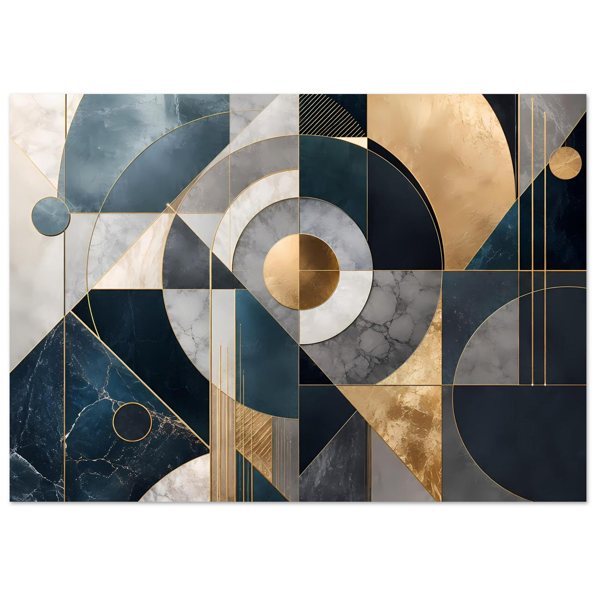 Geometrisches Kunstposter im Querformat mit Kreis-Motiven und goldenen Details in Blau, Grau