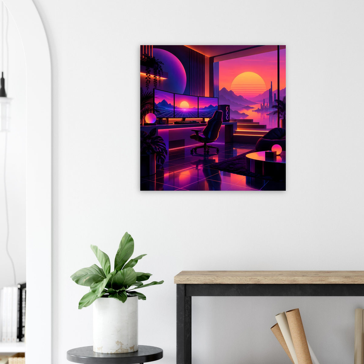 Quadratisches Retro-Poster: Neon-Landschaft mit Sitzbereich, orange Sonne und kräftigen Pink-Lila-Tönen
