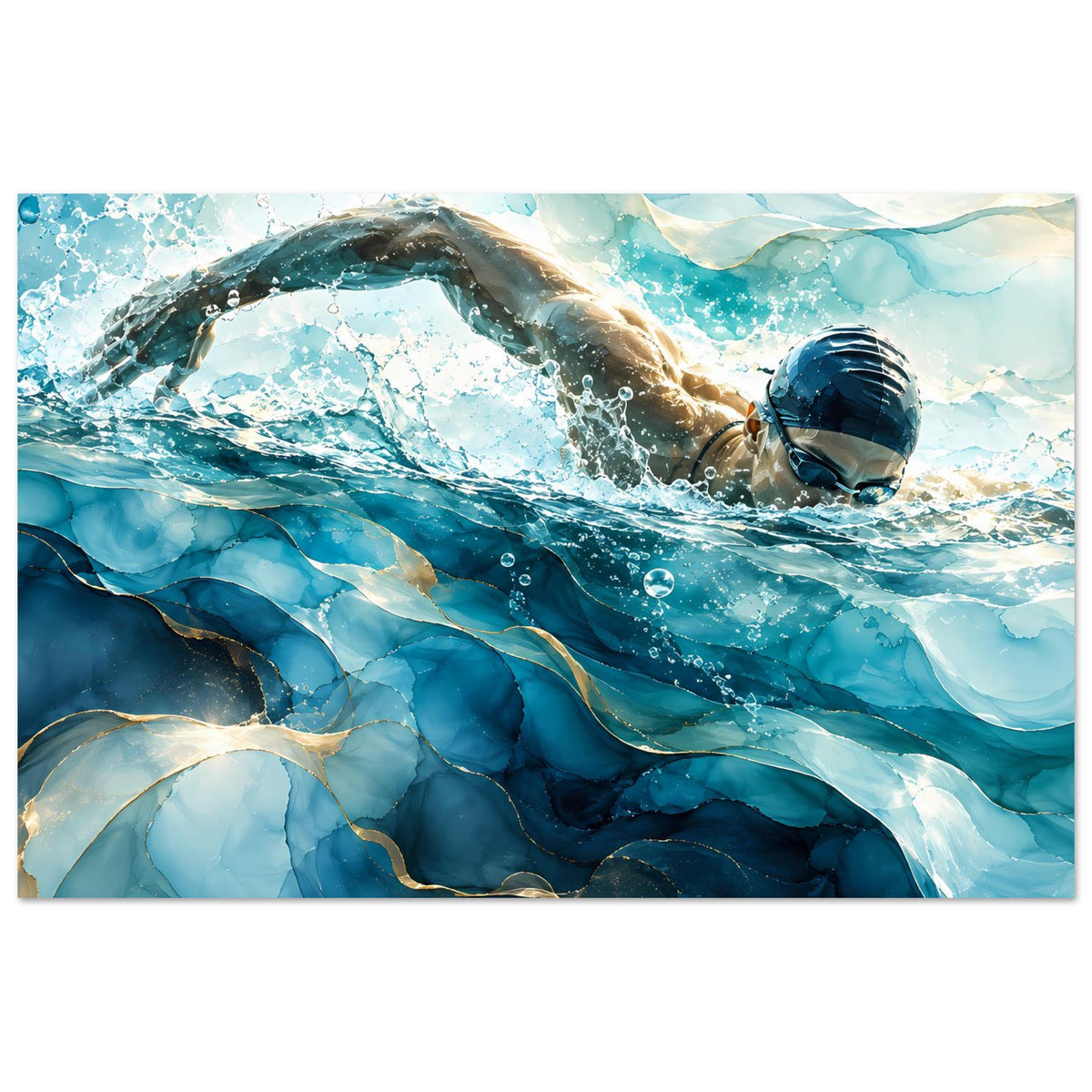 Schwimmer-Poster querformat in Blau: Unterwasser-Szene mit Schwimmerkopf und Sprühblasen