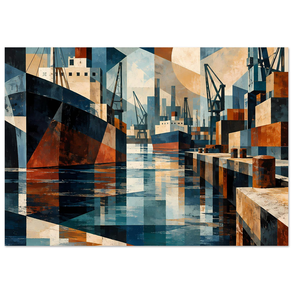 Breitformatiges geometrisches Hafenmotiv-Poster mit Liegeplatz, Kränen und Wasser