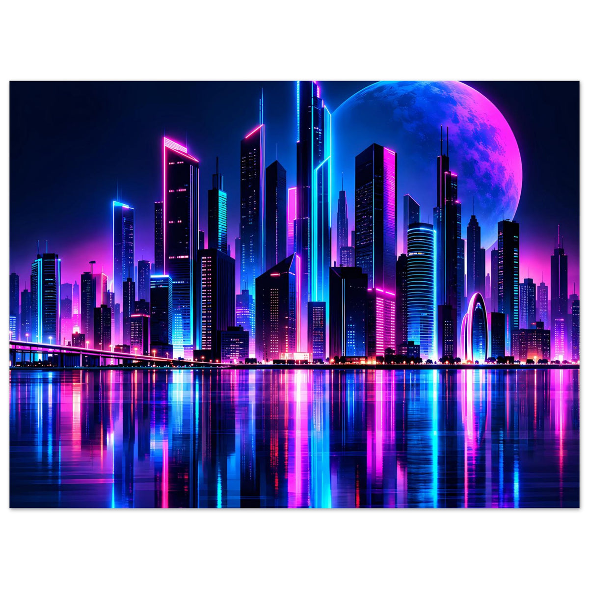 Neon-Stadtlandschafts-Poster, breite Ansicht mit Skyline, blauem Mond und Wasserspiegelung