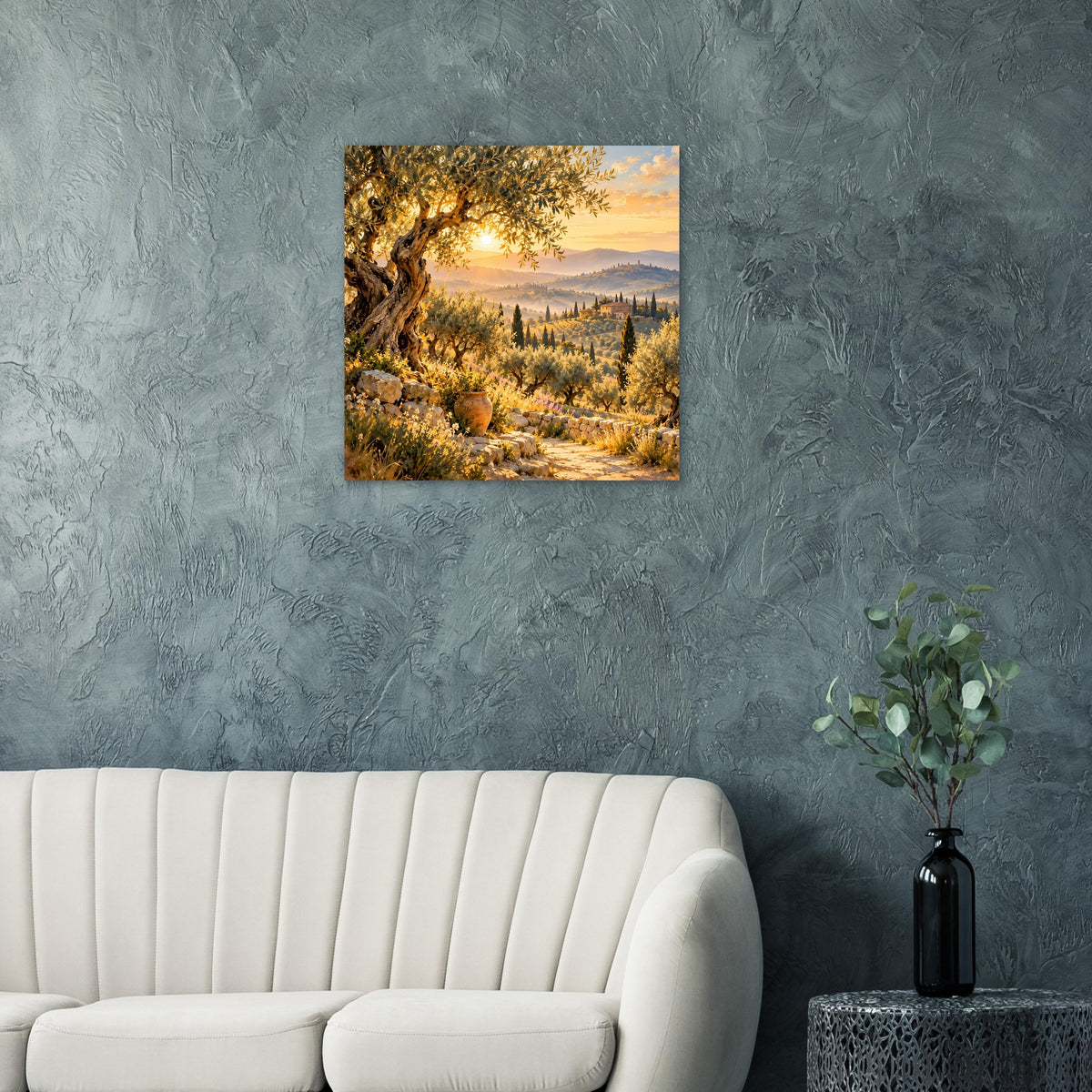 Quadratisches Poster mit Landschaftsweg, goldenem Licht und Sonnenuntergangshimmel