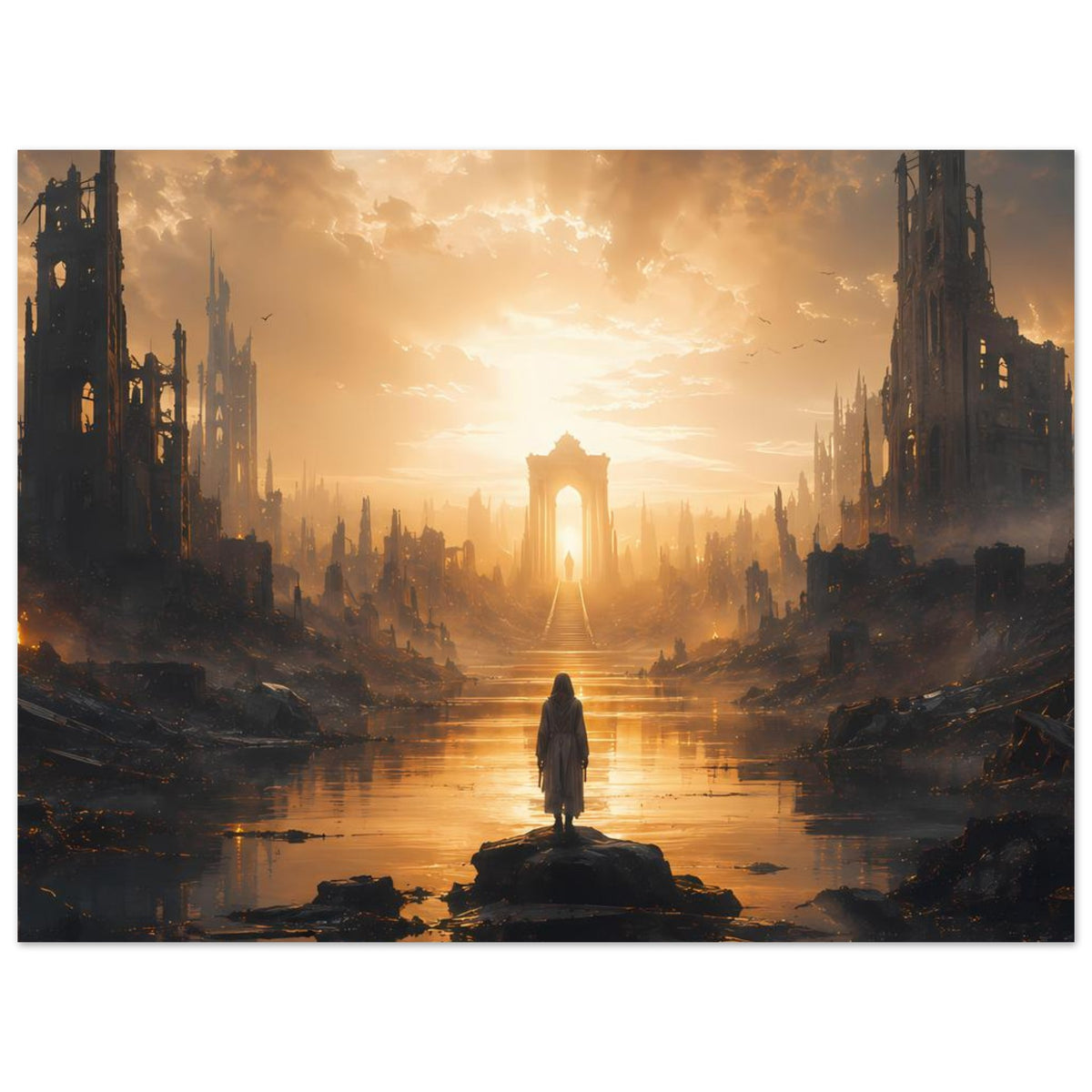 Horizontales Poster mit Ruinen-Skyline, Flussufer und großer Lichtsäule in der Ferne