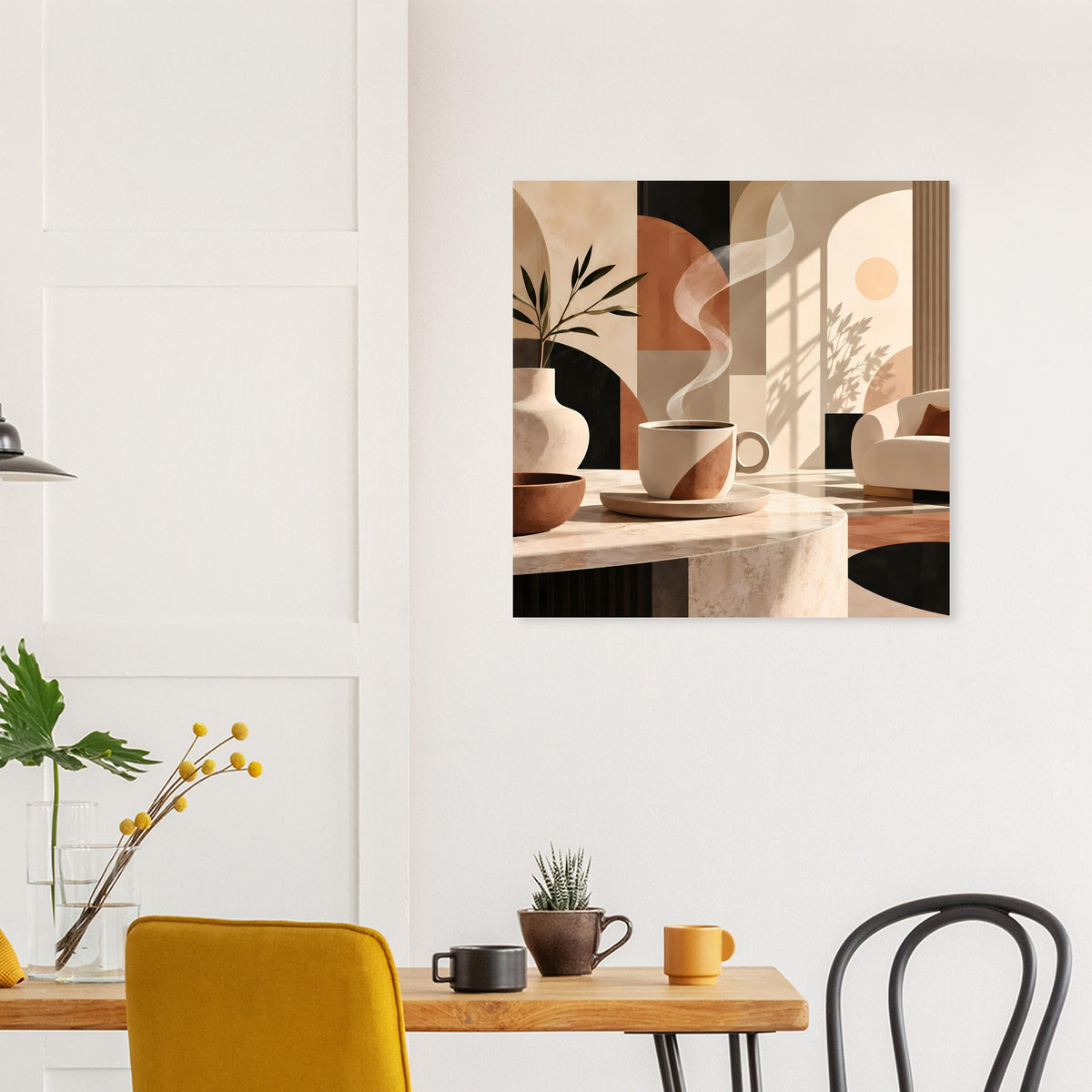 Wandposter mit warmen Erdtönen: Kaffeetassen, Vase und geometrische Flächen