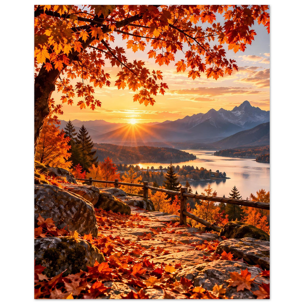 Herbstlandschafts-Poster im Hochformat: Sonne am Horizont, Berge, See und Herbstlaub am Weg