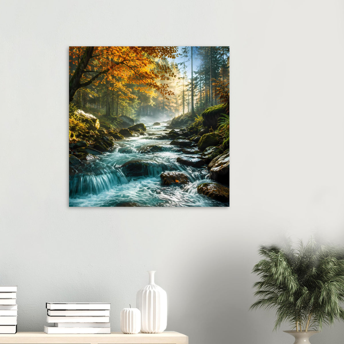 Poster mit Waldfluss im Herbst, gelb-orangenem Laub und blau-grünem Wasser