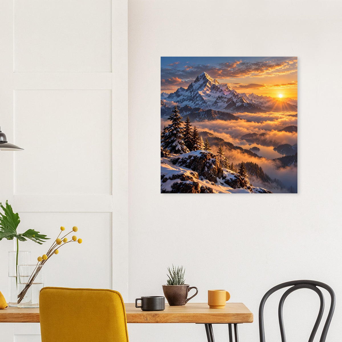 Quadratisches Poster mit Berglandschaft, Tannenwald und Sonne hinter Wolken