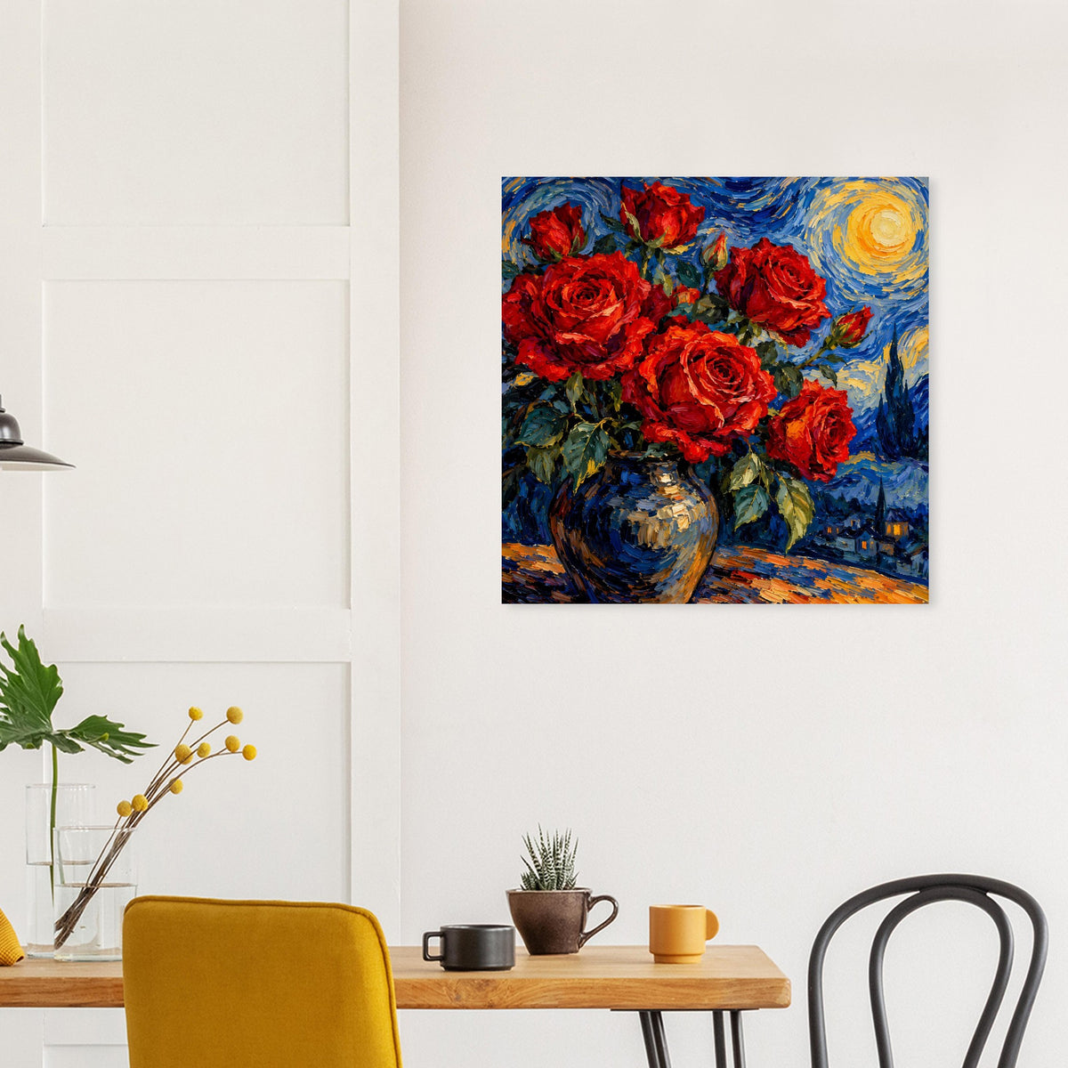 Quadratisches Poster mit roten Rosen in blauer Vase und goldgelbem Lichtkreisel