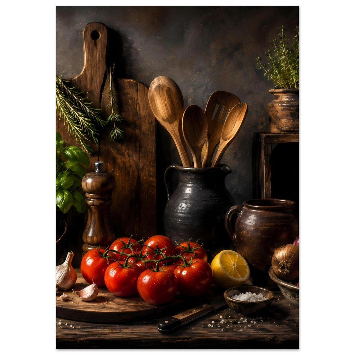 Poster mit Küchenstillleben: Tomaten, Holzutensilien, Zitrone, Gewürze und Schneidebrett