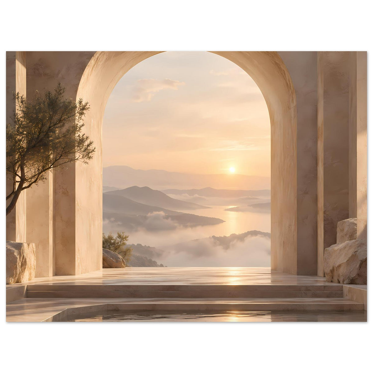 Horizontales Poster mit Rundbogen und Sonnenuntergang, Berge, See und Nebelschichten