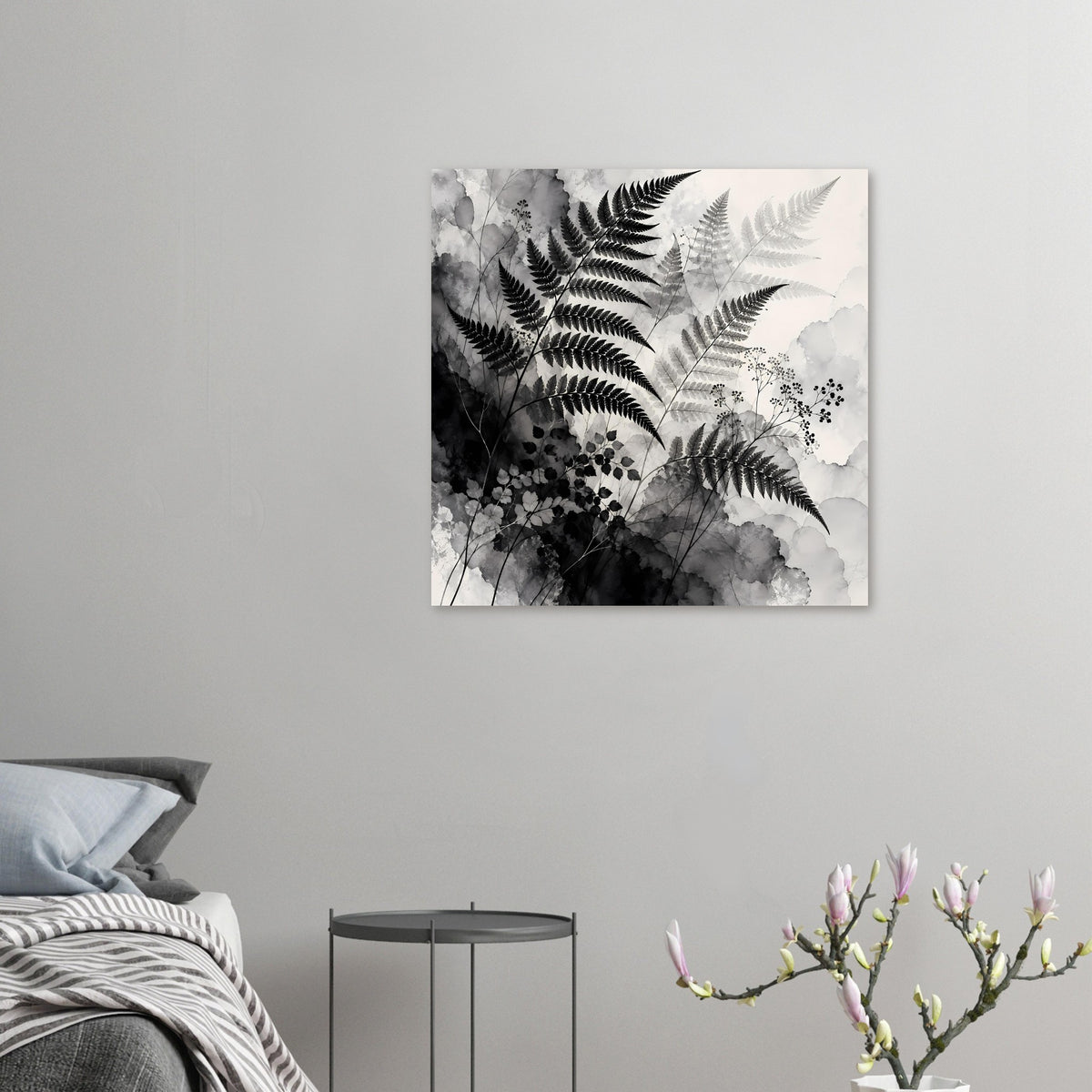 Botanisches Kunstposter mit Farnblättern in Schwarzweiß, klein und horizontal