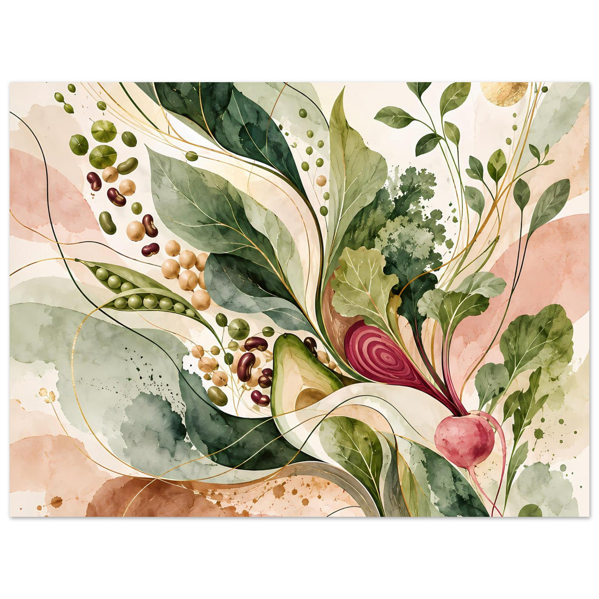 Naturposter mit Pflanzenillustration: Blätter, Erbsen, Rübe und feinen Linien