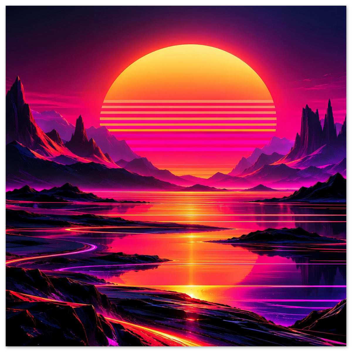 Neon-Poster mit Sonnenuntergang über Bergtal und Wasser, farbige Lichtspuren im Vordergrund
