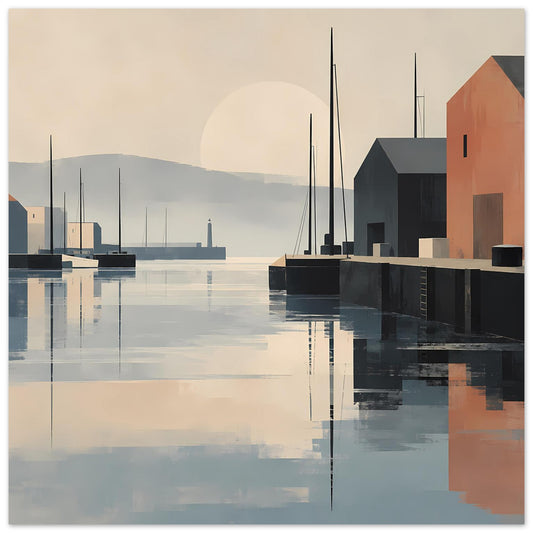 Minimalistisches Hafen-Sunset-Poster mit Bootsbecken, dunklen Masten und Spiegelung auf Wasser