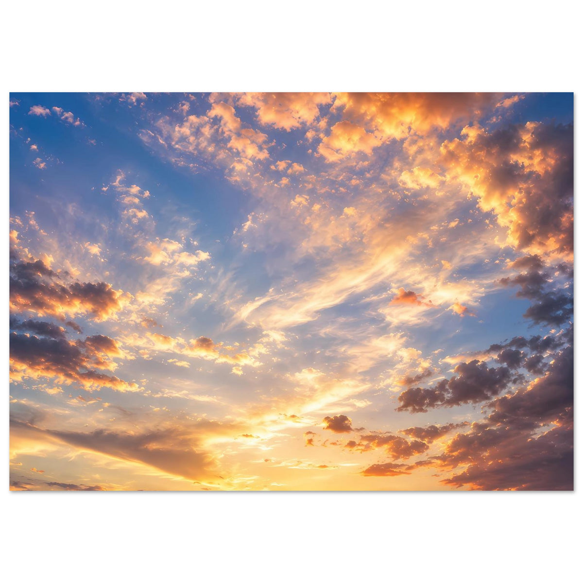 Wandposter im Querformat mit Sonnenuntergangshimmel: goldene Sonne, orange Wolken