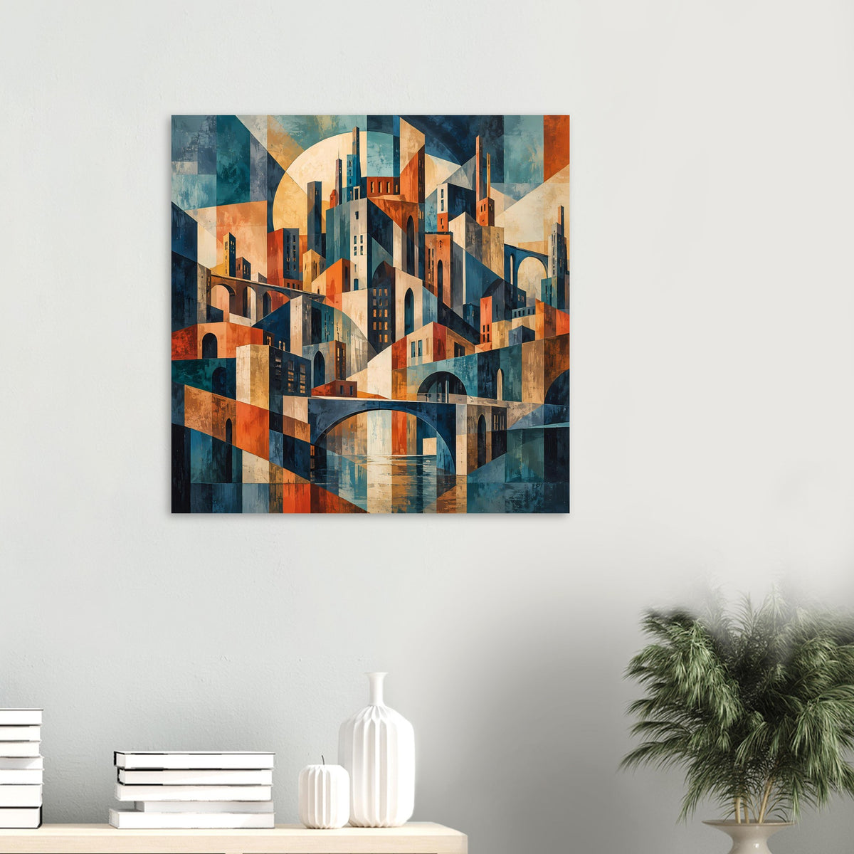 Quadratisches Poster mit geometrischer Stadtansicht, Bogenbrücke und warmen Farbtönen