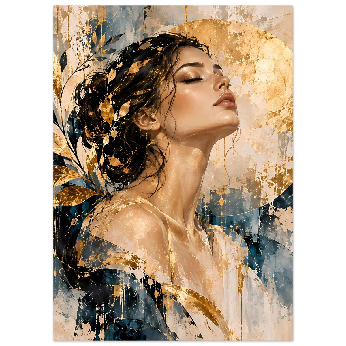Kunst-Poster: Frauengesicht im Profil mit geschlossenen Augen, schwarzes Haar, goldene Kreise und Sprenkel