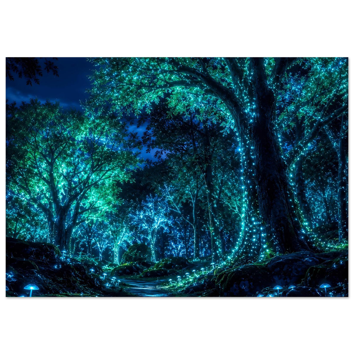 Poster mit Waldweg und blau-grünen Lichtpunkten, dicht stehende Bäume in der Nacht