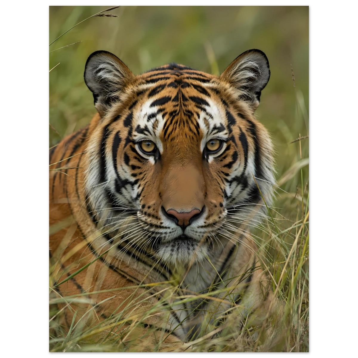 Wildtier-Poster: Tiger im Gras mit intensiven Augen, große Ohren, Nahaufnahme