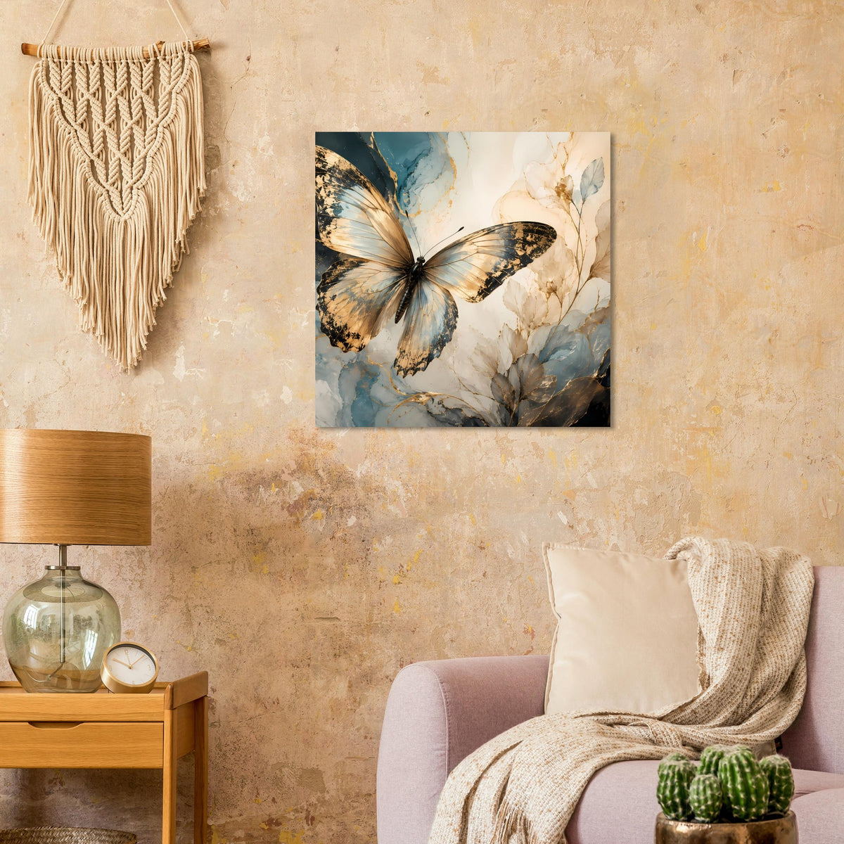 Kunstposter mit Schmetterling in Blau-Gold, beiger Farbverlauf und florale Akzente, quadratisch