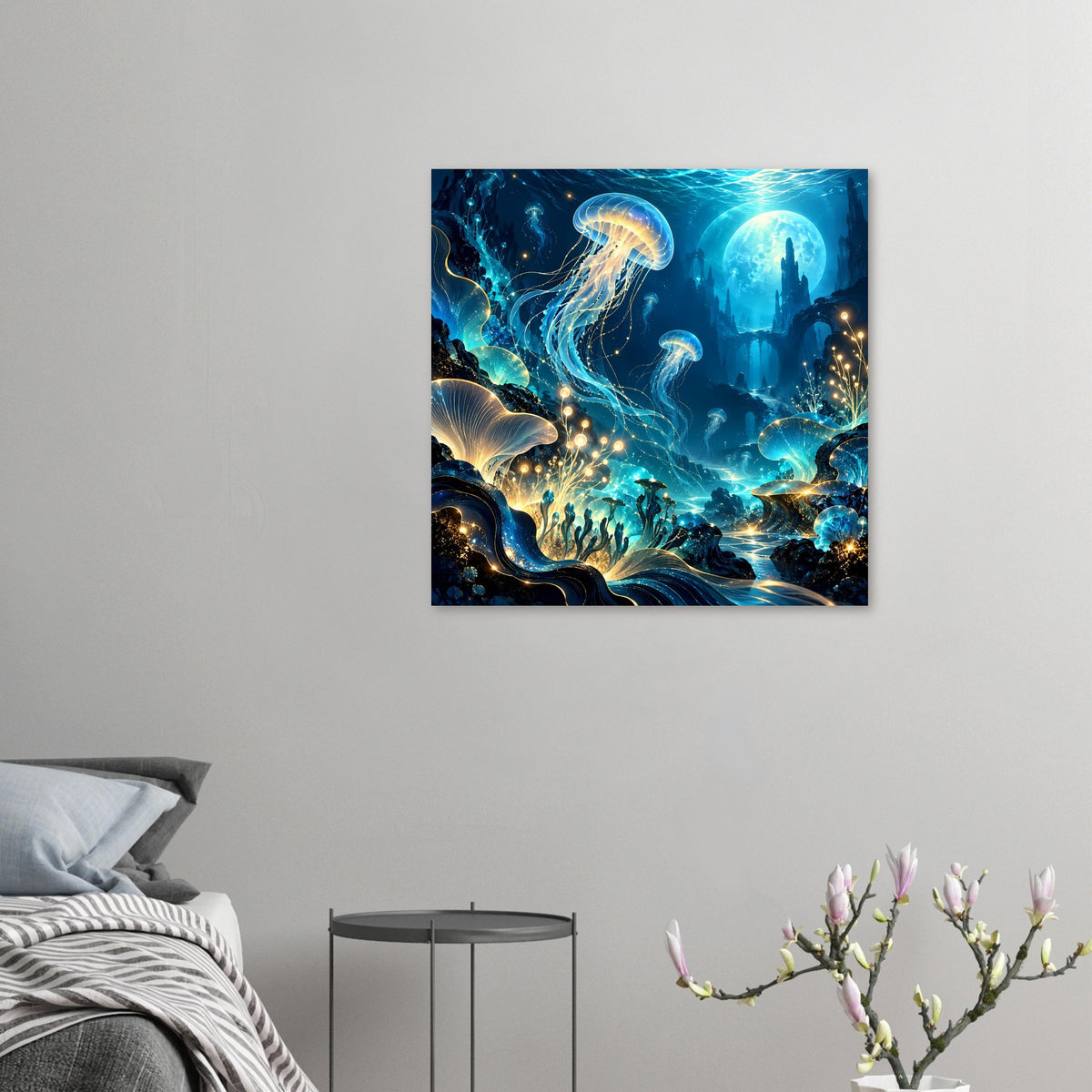 Unterwasserwelt-Poster mit leuchtenden Quallen, goldenen Partikeln und blaustrukturierter Meereslandschaft