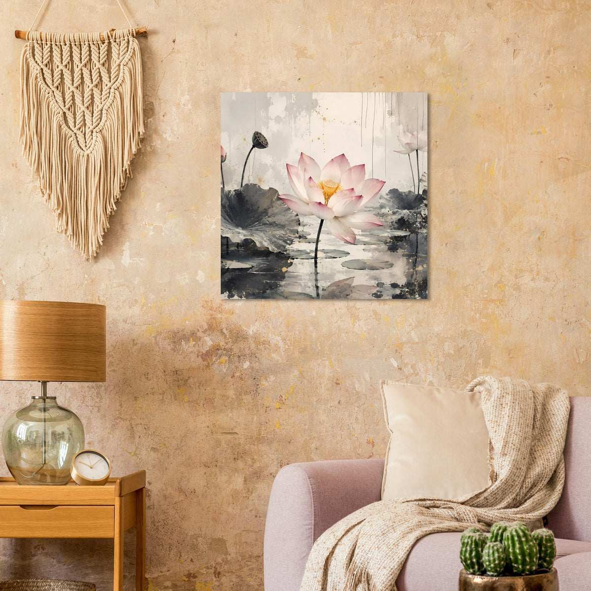 Zen-Poster mit rosa Lotusblüte auf grauem Seerosenteich, großflächige Aquarell-Details