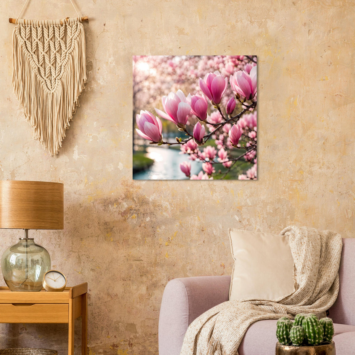 Blumenposter mit rosa Magnolienblüten und zartem weißem Blütenhintergrund