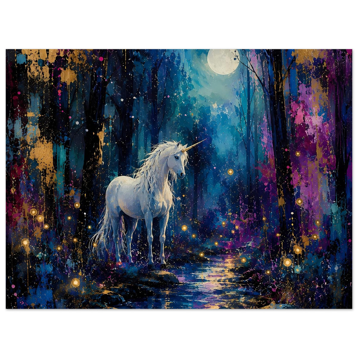 Querformatiges Poster: weißes Einhorn steht am Weg, Mondlicht im Wald, viele leuchtende Partikel