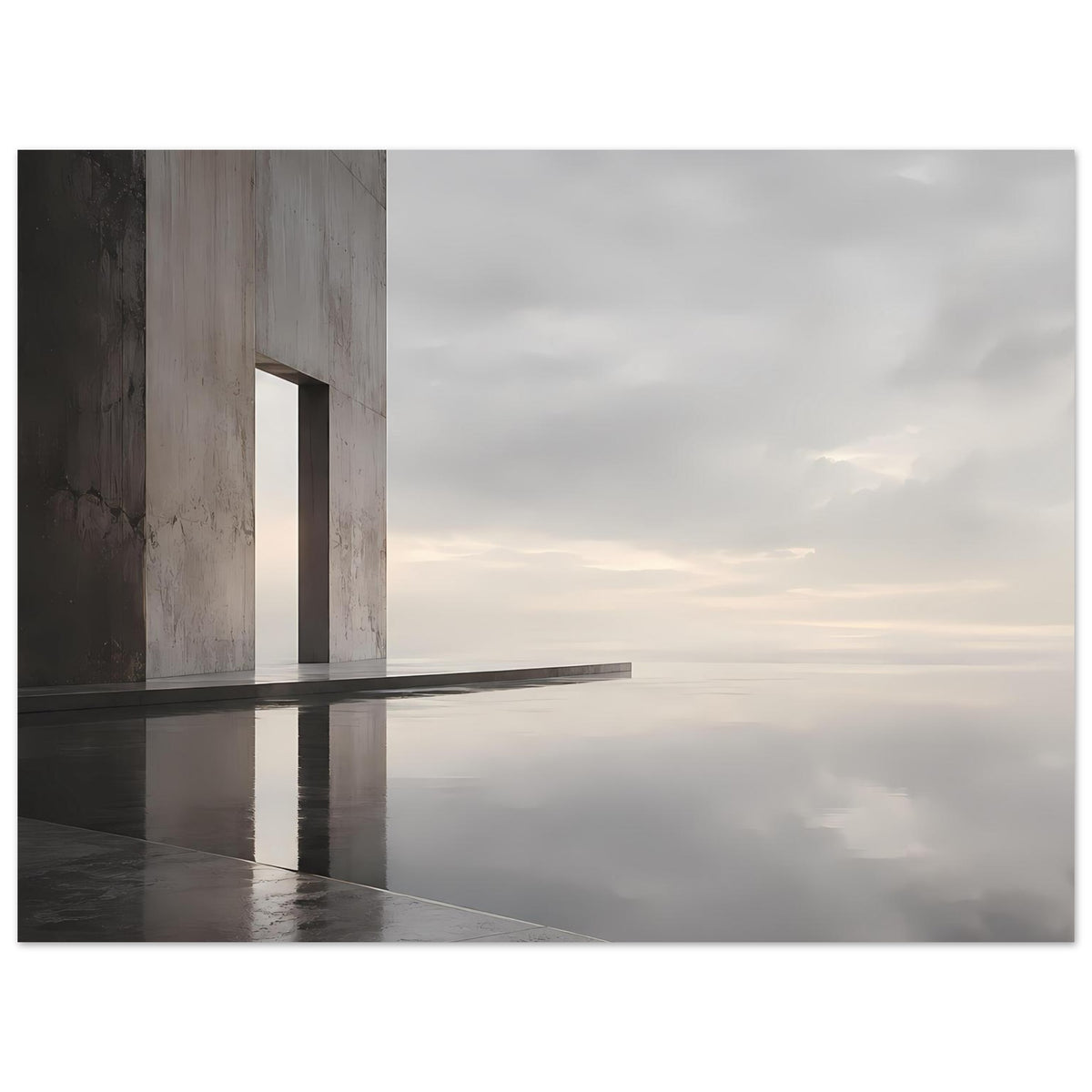 Horizontales Architektur-Poster mit Betonarchitektur und Reflexion auf nassem, dunklem Boden