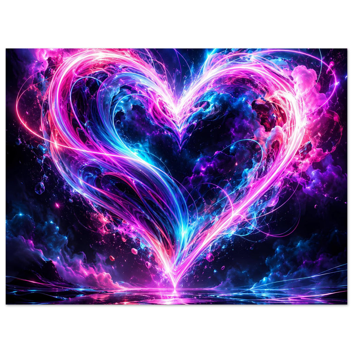 Kunstposter mit Neon-Herz in Pink und Blau, mittig gespiegelt wirkende Lichtreflexe